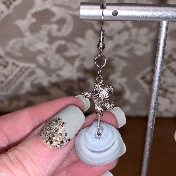 Dangle Earrings Genuine Handcrafted Seashell Turtle Blue Gray Coastal Beach - Picture 2 of 15